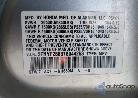 2007 Honda Pilot Ex-L из США, поврежденный, VIN 5FNYF28637B044253